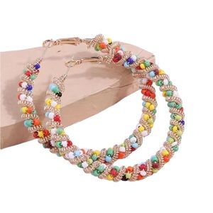 22K Gold Plated Colorful Beaded and Twisted Metal Hoop Earrings